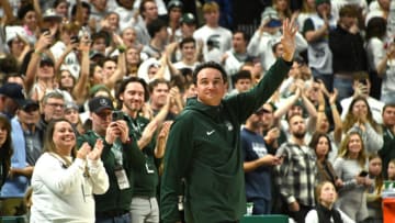Nov 28, 2023; East Lansing, Michigan, USA; Michigan State Spartans football head coach Jonathan Smith is introduced during a break in the game against the Georgia Southern Eagles at Jack Breslin Student Events Center. Mandatory Credit: Dale Young-USA TODAY Sports