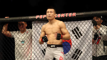 DENVER, CO - NOVEMBER 10: Chan Sung Jung of South Korea wiats for his introduction to begin against Yair Rodriguez of Mexico in their Featherweight bout during the UFC Fight Night 139 at the Pepsi Center on November 10, 2018 in Denver, Colorado. (Photo by Matthew Stockman/Getty Images)