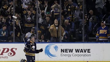 Mar 18, 2016; Buffalo, NY, USA; Buffalo Sabres left wing Nicolas Deslauriers (44) celebrates his first period goal against the Ottawa Senators at First Niagara Center. Mandatory Credit: Timothy T. Ludwig-USA TODAY Sports