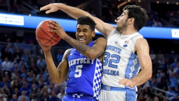 Dec 17, 2016; Las Vegas, NV, USA; Kentucky Wildcats guard Malik Monk (5) drives in to the defense of North Carolina Tar Heels forward Luke Maye (32) during a game at T-Mobile Arena. Mandatory Credit: Stephen R. Sylvanie-USA TODAY Sports