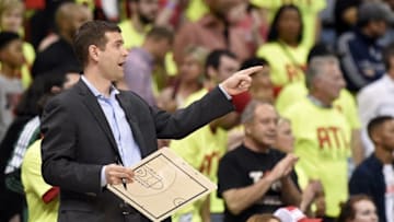 Apr 16, 2016; Atlanta, GA, USA; Boston Celtics head coach Brad Stevens calls to his players against the Atlanta Hawks during the second half in game one of the first round of the NBA Playoffs at Philips Arena. Mandatory Credit: John David Mercer-USA TODAY Sports