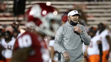Nov 21, 2020; Norman, Oklahoma, USA; Oklahoma Sooners head coach Lincoln Riley before the game against the Oklahoma State Cowboys at Gaylord Family-Oklahoma Memorial Stadium. Mandatory Credit: Kevin Jairaj-USA TODAY Sports