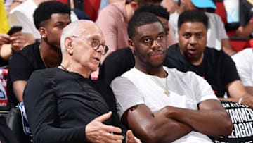 Las Vegas, NV - JULY 7: Larry Brown and Emmanuel Mudiay talk during the game between the Utah Jazz and the Miami Heat during Day 3 of the 2019 Las Vegas Summer League on July 7, 2019 at the Cox Pavilion in Las Vegas, Nevada. NOTE TO USER: User expressly acknowledges and agrees that, by downloading and or using this Photograph, user is consenting to the terms and conditions of the Getty Images License Agreement. Mandatory Copyright Notice: Copyright 2019 NBAE (Photo by David Dow/NBAE via Getty Images)
