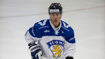 PLYMOUTH, MI - JULY 27 Eemil Viro #6 of Finland follows the play against USA-Blue during a World Junior Summer Showcase game two at USA Hockey Arena on July 27, 2021 in Plymouth, Michigan. (Photo by Dave Reginek/Getty Images)