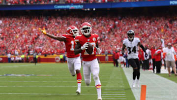 KANSAS CITY, MO - SEPTEMBER 22: Kansas City Chiefs wide receiver Mecole Hardman (17) crosses the goal line at the end of an 83-yard touchdown reception in the second quarter of an AFC matchup between the Baltimore Ravens and Kansas City Chiefs on September 22, 2019 at Arrowhead Stadium in Kansas City, MO. (Photo by Scott Winters/Icon Sportswire via Getty Images)