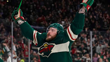 Apr 22, 2022; Saint Paul, Minnesota, USA; Minnesota Wild forward Nicolas Deslauriers (44) celebrates after scoring a goal against the Seattle Kraken during the second period at Xcel Energy Center. Mandatory Credit: Nick Wosika-USA TODAY Sports