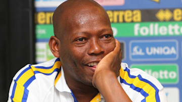 COLLECCHIO, ITALY - MAY 10: Faustino Asprilla attends the Parma FC press conference for the unveiling of the commemorative shirt for the 20th anniversary of the victory of the UEFA Cup Winners' Cup on May 10, 2013 in Collecchio, Italy. (Photo by Marco Luzzani/Getty Images)