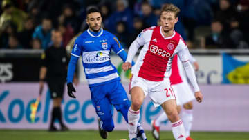 (L-R) Younes Namli of PEC Zwolle, Frenkie de Jong of Ajax during the Dutch Eredivisie match between PEC Zwolle and Ajax Amsterdam at the MAC3Park stadium on December 08, 2018 in Zwolle, The Netherlands(Photo by VI Images via Getty Images)