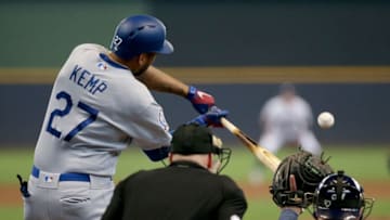 MILWAUKEE, WI - JULY 22: Matt Kemp #27 of the Los Angeles Dodgers hits a home run in the second inning against the Milwaukee Brewers at Miller Park on July 22, 2018 in Milwaukee, Wisconsin. (Photo by Dylan Buell/Getty Images)