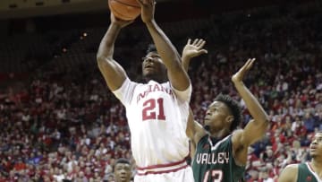BLOOMINGTON, IN - NOVEMBER 27: Freddie McSwain #21 of the Indiana Hoosiers shoots the ball during the game against the Mississippi Valley State Delta Devils at Assembly Hall on November 27, 2016 in Bloomington, Indiana. (Photo by Andy Lyons/Getty Images)