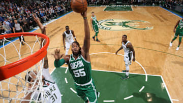 MILWAUKEE, WI - APRIL 3: Greg Monroe #55 of the Boston Celtics shoots the ball against the Milwaukee Bucks on April 3, 2018 at the BMO Harris Bradley Center in Milwaukee, Wisconsin. NOTE TO USER: User expressly acknowledges and agrees that, by downloading and or using this Photograph, user is consenting to the terms and conditions of the Getty Images License Agreement. Mandatory Copyright Notice: Copyright 2018 NBAE (Photo by Gary Dineen/NBAE via Getty Images)