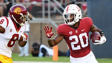 PALO ALTO, CA - SEPTEMBER 08: Stanford (20) Bryce Love (RB) runs up field being chased by USC (8) Iman Marshall (CB) during a college football game between the Stanford Cardinal and the USC Trojans on September 8, 2018, at Stanford Stadium in Palo Alto, CA. (Photo by Brian Rothmuller/Icon Sportswire via Getty Images)