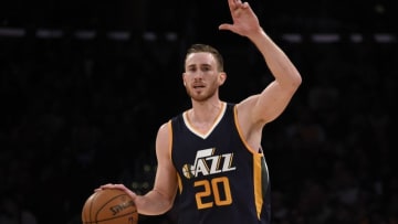 Dec 27, 2016; Los Angeles, CA, USA; Utah Jazz forward Gordon Hayward (20) dribbles the basketball against the Los Angeles Lakers during the third quarter at Staples Center. Mandatory Credit: Richard Mackson-USA TODAY Sports