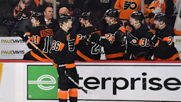 Mar 17, 2022; Philadelphia, Pennsylvania, USA; Philadelphia Flyers left wing Joel Farabee (86) celebrates his goal with teammates against the Nashville Predators during the third period at Wells Fargo Center. Mandatory Credit: Eric Hartline-USA TODAY Sports