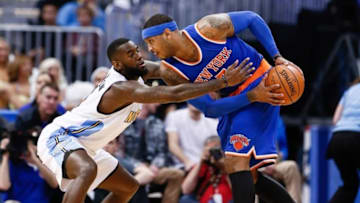 Mar 8, 2016; Denver, CO, USA; Denver Nuggets guard JaKarr Sampson (9) defends against New York Knicks forward Carmelo Anthony (7) in the first quarter at the Pepsi Center. Mandatory Credit: Isaiah J. Downing-USA TODAY Sports