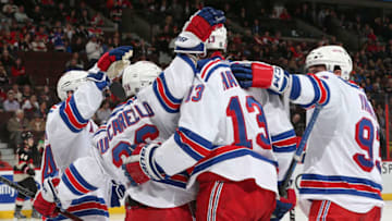 OTTAWA, ON - MARCH 26: Mats Zuccarello #36 of the New York Rangers celebrates his second period goal against the Ottawa Senators with team mates Kevin Hayes #13 and Keith Yandle #93 at Canadian Tire Centre on March 26, 2015 in Ottawa, Ontario, Canada. (Photo by Jana Chytilova/NHLI via Getty Images)