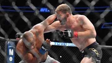 LAS VEGAS, NV - JULY 07: Stipe Miocic (R) throws a punch against Daniel Cormier during their heavyweight championship fight at T-Mobile Arena on July 7, 2018 in Las Vegas, Nevada. Cormier won by first round knockout. (Photo by Sam Wasson/Getty Images)