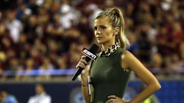 Sep 5, 2016; Orlando, FL, USA; ESPN SPN sideline reporter Sam Ponder during the first quarter between the Florida State Seminoles and Mississippi Rebels at Camping World Stadium. Mandatory Credit: Kim Klement-USA TODAY Sports