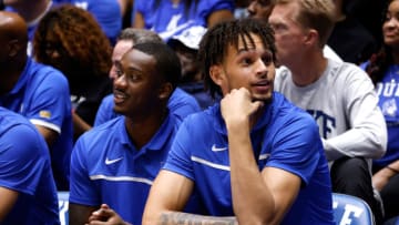 Duke basketball freshmen Dariq Whitehead and Dereck Lively (Photo by Lance King/Getty Images)