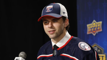 NASHVILLE, TENNESSEE - JUNE 28: Adam Fantilli speaks to the media after being selected by the Columbus Blue Jackets with the third overall pick during round one of the 2023 Upper Deck NHL Draft at Bridgestone Arena on June 28, 2023 in Nashville, Tennessee. (Photo by Jason Kempin/Getty Images)