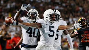 Sep 27, 2019; College Park, MD, USA; Penn State Nittany Lions cornerback Tariq Castro-Fields (5) celebrates after an interception against the Maryland Terrapins at Capital One Field at Maryland Stadium. Mandatory Credit: Geoff Burke-USA TODAY Sports