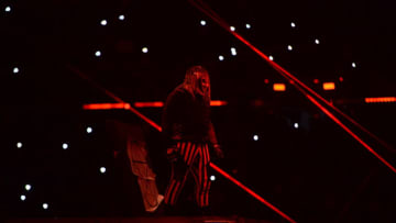 Apr 11, 2021; Tampa, Florida, USA; Randy Orton (white trunks) faces Bray Wyatt (striped pants) along with Alexa Bliss during WrestleMania 37 at Raymond James Stadium. Mandatory Credit: Joe Camporeale-USA TODAY Sports