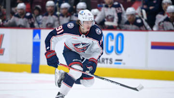 VANCOUVER, CANADA - JANUARY 27: Kent Johnson #91 of the Columbus Blue Jackets skates up ice during the first period of their NHL game against the Vancouver Canucks at Rogers Arena on January 27, 2023 in Vancouver, British Columbia, Canada. (Photo by Derek Cain/Getty Images)