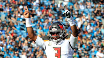 JACKSONVILLE, FLORIDA - DECEMBER 01: Jameis Winston #3 of the Tampa Bay Buccaneers celebrates a touchdown during the game against the Jacksonville Jaguars at TIAA Bank Field on December 01, 2019 in Jacksonville, Florida. (Photo by Sam Greenwood/Getty Images)