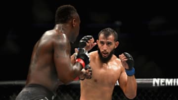 LAS VEGAS, NV - OCTOBER 06: Dominick Reyes (R) stares down Ovince Saint Preux in their light heavyweight bout during the UFC 229 event inside T-Mobile Arena on October 6, 2018 in Las Vegas, Nevada. (Photo by Harry How/Getty Images)