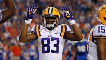 Oct 11, 2014; Gainesville, FL, USA; LSU Tigers wide receiver Travin Dural (83) reacts as it becomes the fourth quarter against the Florida Gators during the second half at Ben Hill Griffin Stadium. LSU Tigers defeated the Florida Gators 30-27. Mandatory Credit: Kim Klement-USA TODAY Sports