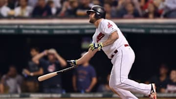 Sep 23, 2016; Cleveland, OH, USA; Cleveland Indians first baseman Mike Napoli (26) hits an RBI single during the sixth inning against the Chicago White Sox at Progressive Field. Mandatory Credit: Ken Blaze-USA TODAY Sports