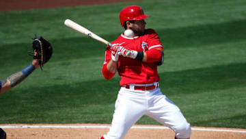 TEMPE, ARIZONA - MARCH 18: David Fletcher #22 of the Los Angeles Angels leans back to avoid a high inside pitch against the Milwaukee Brewers during the first inning of the MLB spring training baseball game at Tempe Diablo Stadium on March 18, 2021 in Tempe, Arizona. (Photo by Ralph Freso/Getty Images)