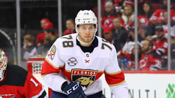 NEWARK, NJ - OCTOBER 27: Florida Panthers center Maxim Mamin (78) skates during the National Hockey League Game between the New Jersey Devils and the Florida Panthers on October 27, 2018 at the Prudential Center in Newark, NJ. (Photo by Rich Graessle/Icon Sportswire via Getty Images)