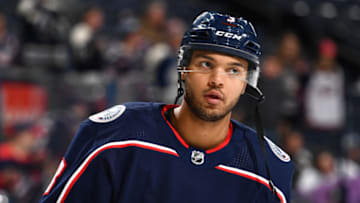 COLUMBUS, OH - JANUARY 12: Seth Jones #3 of the Columbus Blue Jackets warms up before a game against the Vancouver Canucks on January 12, 2018 at Nationwide Arena in Columbus, Ohio. (Photo by Jamie Sabau/NHLI via Getty Images)