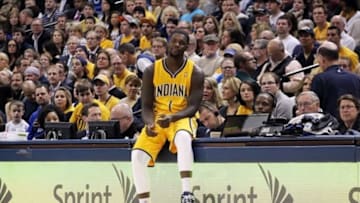 Jan 16, 2014; Indianapolis, IN, USA; Indiana Pacers guard Lance Stephenson (1) waits to check into the game against the New York Knicks at Bankers Life Fieldhouse. Indiana defeats New York 117- 89. Mandatory Credit: Brian Spurlock-USA TODAY Sports