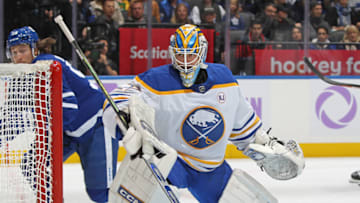TORONTO, CANADA - NOVEMBER 4: Devon Levi #27 of the Buffalo Sabres watches the corner against the Toronto Maple Leafs during the second period in an NHL game at Scotiabank Arena on November 4, 2023 in Toronto, Ontario, Canada. (Photo by Claus Andersen/Getty Images)