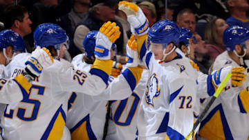 Nov 2, 2022; Buffalo, New York, USA; Buffalo Sabres right wing Tage Thompson (72) celebrates his goal with teammates during the third period against the Pittsburgh Penguins at KeyBank Center. Mandatory Credit: Timothy T. Ludwig-USA TODAY Sports