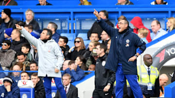LONDON, ENGLAND - DECEMBER 02: Maurizio Sarri, Manager of Chelsea and Gianfranco Zola, Assistant Coach of Chelsea give their team instructions during the Premier League match between Chelsea FC and Fulham FC at Stamford Bridge on December 1, 2018 in London, United Kingdom. (Photo by Mike Hewitt/Getty Images)