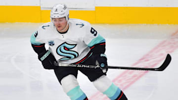 Oct 12, 2021; Las Vegas, Nevada, USA; Seattle Kraken center Ryan Donato (9) skates against the Vegas Golden Knights during the third period at T-Mobile Arena. Mandatory Credit: Stephen R. Sylvanie-USA TODAY Sports