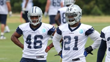 May 25, 2016; Irving, TX, USA; Dallas Cowboys running back Ezekiel Elliott (21) and running back Alfred Morris (46) during organized team activities at Dallas Cowboys Headquarters. Mandatory Credit: Matthew Emmons-USA TODAY Sports