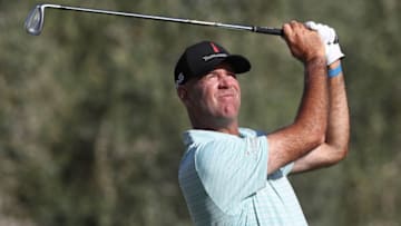 LAS VEGAS, NEVADA - OCTOBER 09: Stewart Cink hits his tee shot on the 14th hole during round two of the Shriners Hospitals For Children Open at TPC Summerlin on October 09, 2020 in Las Vegas, Nevada. (Photo by Matthew Stockman/Getty Images)