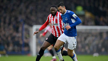 LIVERPOOL, ENGLAND - MARCH 11: Josh Dasilva of Brentford and Dwight McNeil of Everton on the ball during the Premier League match between Everton FC and Brentford FC at Goodison Park on March 11, 2023 in Liverpool, United Kingdom. (Photo by Will Palmer/Sportsphoto/Allstar Via Getty Images)