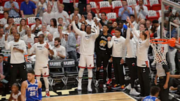 MIAMI, FL - APRIL 19: Miami Heat react to a 3-pointer during the game against the Philadelphia 76ers in Game Three of Round One of the 2018 NBA Playoffs on April 19, 2018 at American Airlines Arena in Miami, Florida. NOTE TO USER: User expressly acknowledges and agrees that, by downloading and or using this Photograph, user is consenting to the terms and conditions of the Getty Images License Agreement. Mandatory Copyright Notice: Copyright 2018 NBAE (Photo by David Dow/NBAE via Getty Images)