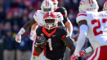 Nov 19, 2016; Athens, GA, USA; Georgia Bulldogs running back Sony Michel (1) runs against the Louisiana-Lafayette Ragin Cajuns during the second half at Sanford Stadium. Georgia defeated Louisiana-Lafayette 35-21. Mandatory Credit: Dale Zanine-USA TODAY Sports
