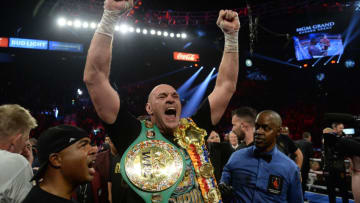 Feb 22, 2020; Las Vegas, Nevada, USA; Tyson Fury celebrates after defeating Deontay Wilder in their WBC heavyweight title bout at MGM Grand Garden Arena. Fury won via seventh round TKO. Mandatory Credit: Joe Camporeale-USA TODAY Sports