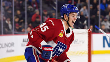 LAVAL, QC - FEBRUARY 05: Laval Rocket center Jesperi Kotkaniemi (45) calls for a pass during the Utica Comets versus the Laval Rocket game on February 05, 2020, at Place Bell in Laval, QC (Photo by David Kirouac/Icon Sportswire via Getty Images)