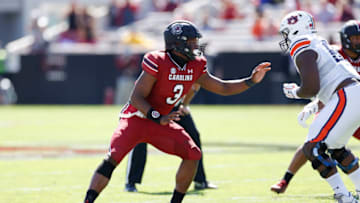 COLUMBIA, SC - OCTOBER 17: Jordan Burch #3 of the South Carolina Gamecocks in action on defense against the Auburn Tigers during a game at Williams-Brice Stadium on October 17, 2020 in Columbia, South Carolina. The Gamecocks won 30-22. (Photo by Joe Robbins/Getty Images)