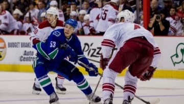 Sep 29, 2014; Vancouver, British Columbia, CAN; Vancouver Canucks forward Bo Horvat (53) vs the Arizona Coyotes during the second period at Rogers Arena. Arizona won 4-2. Mandatory Credit: Bob Frid-USA TODAY Sports