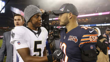 CHICAGO, ILLINOIS - OCTOBER 20: Teddy Bridgewater #5 of the New Orleans Saints is congratulated by Mitchell Trubisky #10 of the Chicago Bears following their game at Soldier Field on October 20, 2019 in Chicago, Illinois. (Photo by Nuccio DiNuzzo/Getty Images)