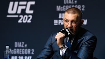 LAS VEGAS, NV - AUGUST 20: Conor McGregor of Ireland speaks with the media during the UFC 202 news conference at T-Mobile Arena on August 20, 2016 in Las Vegas, Nevada. (Photo by Jeff Bottari/Zuffa LLC/Zuffa LLC via Getty Images)